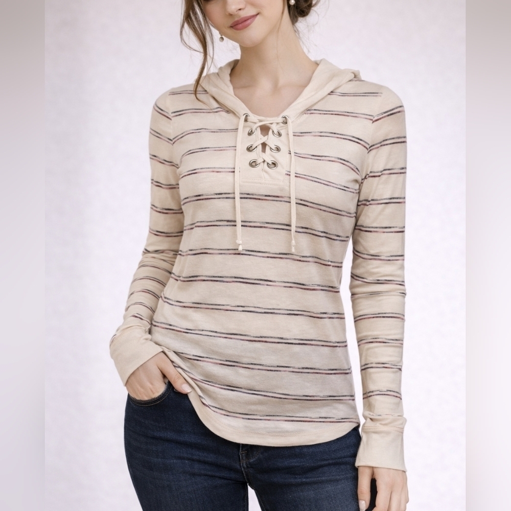 3/$30 LEI Horizontal Striped Cream Color Fitted Pullover Jersey Hoodie